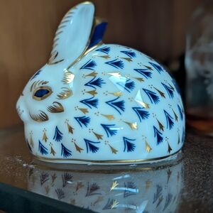 Vintage Artisan Blue and Gold Porcelain Rabbit Paper Weight By Royal Crown Derby